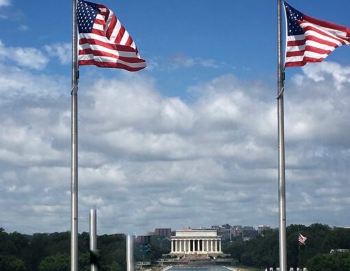 Photo of Lincoln Memorial framed by US flags across the reflecting pool.