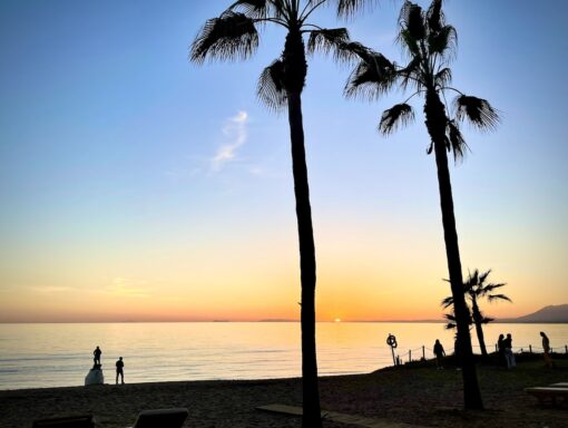 Sun kissing the horizon across the ocean with silhouettes of palm trees and a few people on the beach in the foreground. 