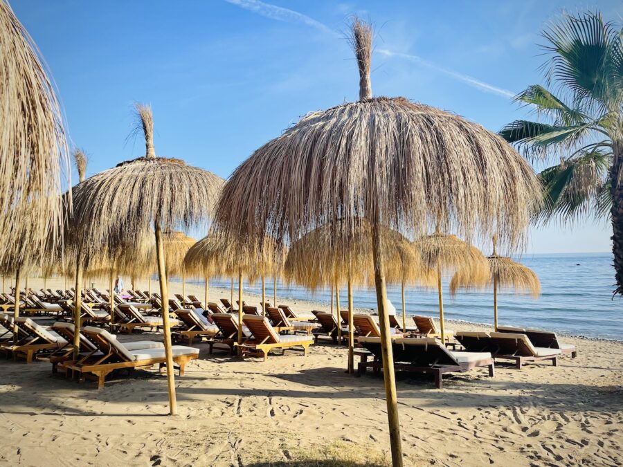 Beach with sundeck chairs laid out and tiki umbrellas.