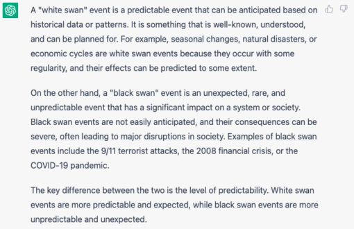 ChatGPT response to the query on difference between a white vs black swan event. 