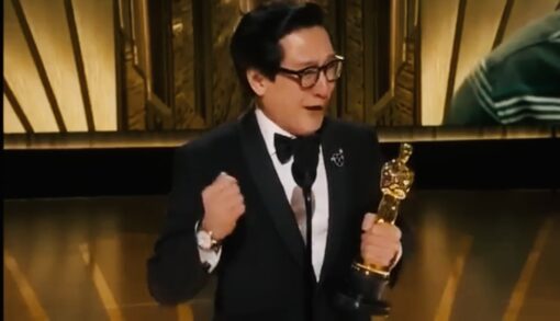 Screen grab of Best Supporting Actor Ke Huy Qian giving a tearful speech at the 95th Academy Awards