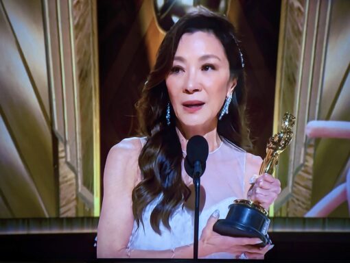 Screen grab of Michelle Yeoh, winner of Best Actress for Everything Everywhere All At Once at 2023 Academy Awards