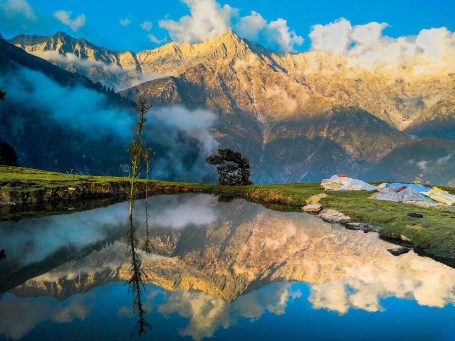 Reflection of snow-capped mountain in a lake.