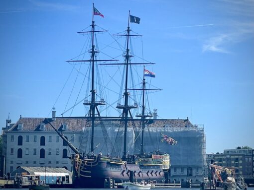 Replica of 'Amsterdam (1748)' ship in front of the National Maritime Museum in Amsterdam.