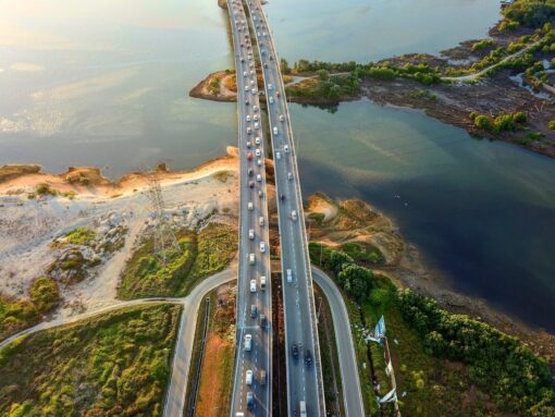 Busy highway over Johor peninsula, Malaysia.