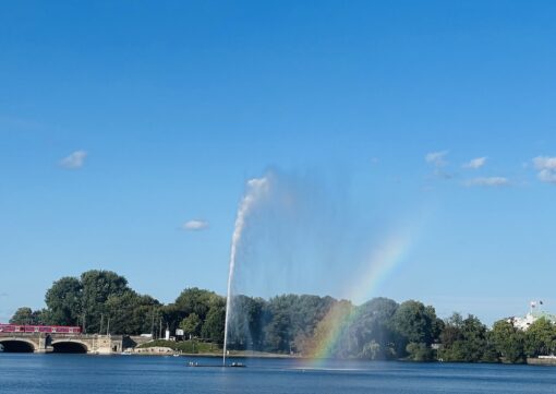 Rainbow next to a fountain in a lake.