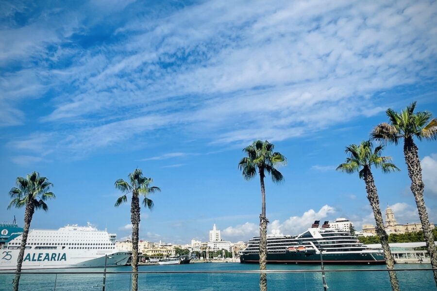 Luxurious cruise ships docked at palm-tree lined Malaga Maritime Port on a sunny day.