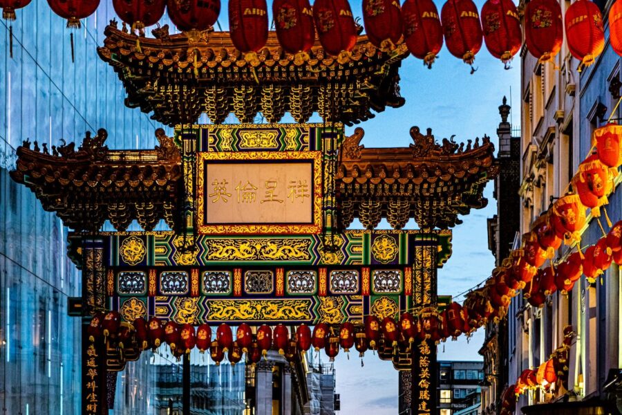Gateway to Chinatown with lanterns and Chinese ornaments.