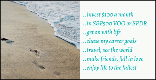 Shot of footprints on the beach with lapping waves and investment text advice to a younger self. 