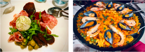 Chacuteria of cured meat and burrata and seafood paella.