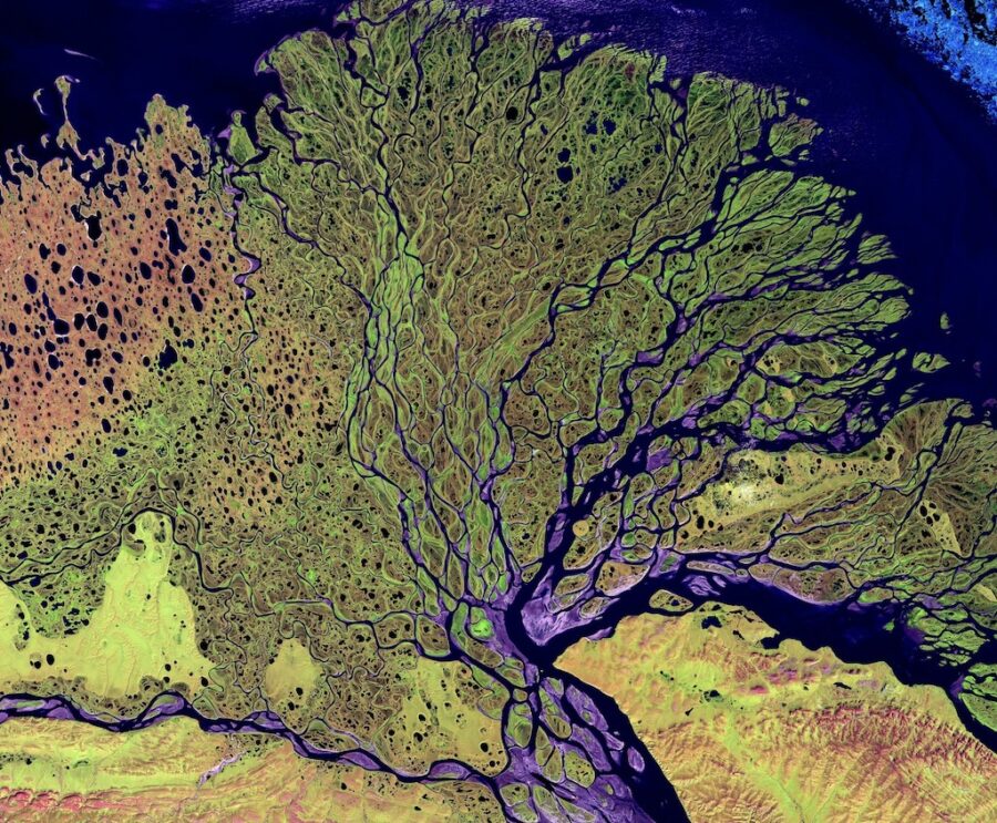 Aerial view of Lena River meandering through colourful surrounding areas.