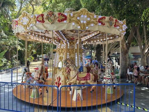 Carousel of horses in a park with lights. 