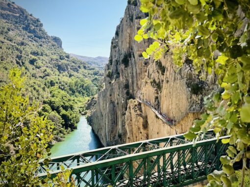 Shot of suspension pedestrian bridge high above a gorge with streaming water.