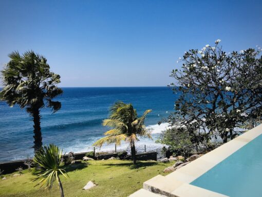 Villa pool amidst lush greeneries, ocean with slapping waves and a clear blue sky.