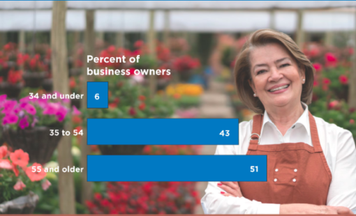 Chart showing percentage of business owners by age with those above 55 at 51%.