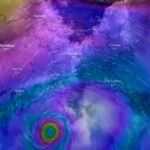 Weather chart showing oncoming hurricane towards south east US.