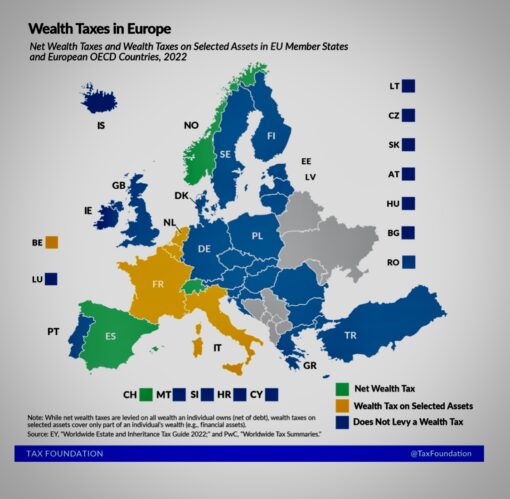 Map of Europe showing where wealth tax applies.