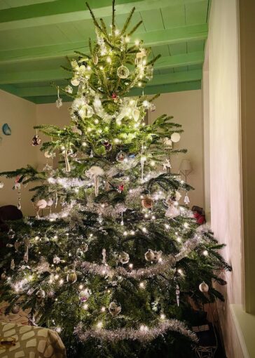 Beautifully decorated and well lit Christmas tree at a home. 