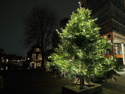 Well lit sparkling Christmas tree with an old Amsterdam heritage house in the background.